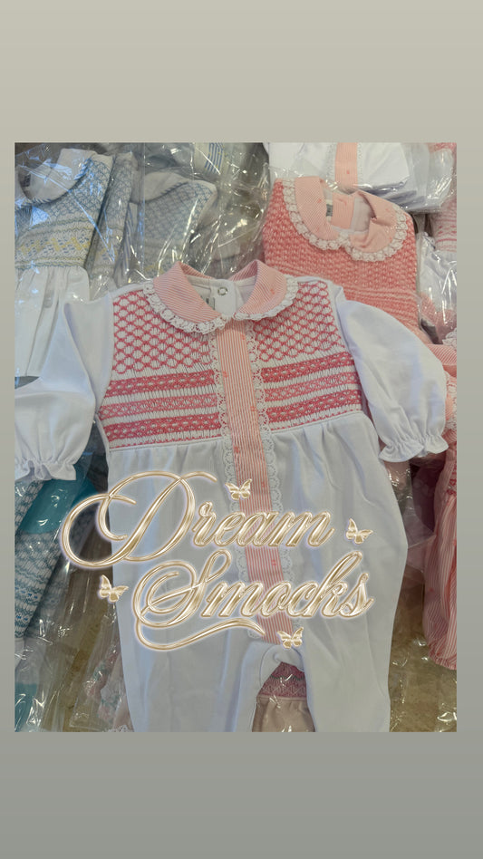 White & Pink new style smocked babygrow
