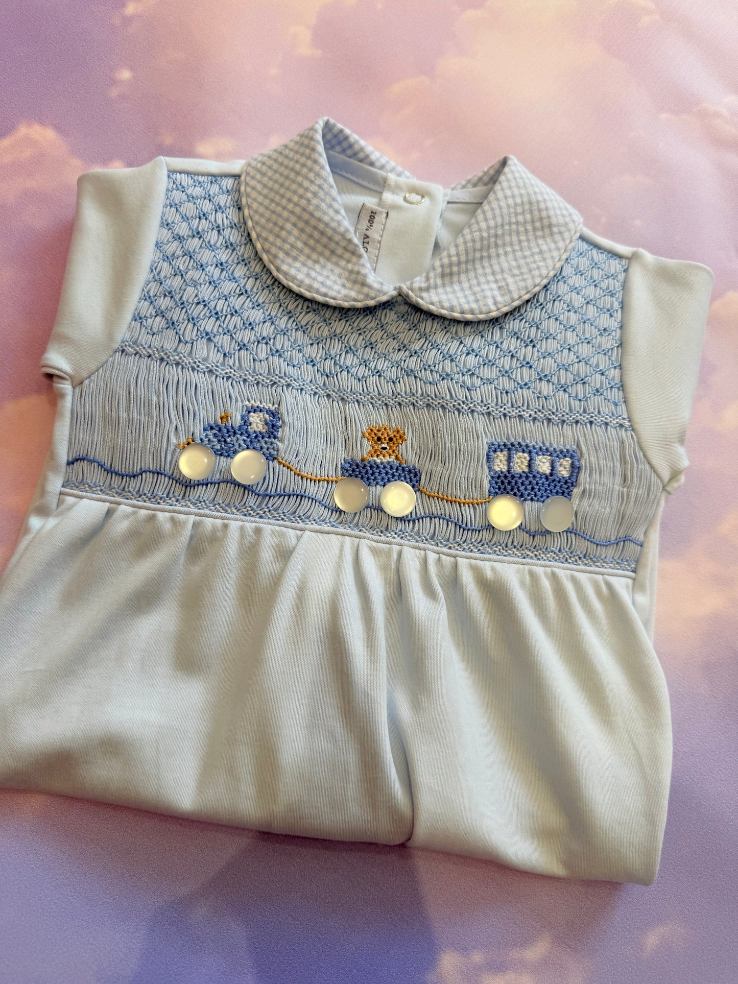 Boys Bear On Train Smocked Baby Grow